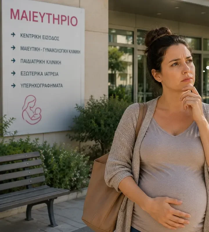 θηλασμός μετά από καισαρική - Αυτό σκέφτεται μια μελαχρινή έγκυος γυναίκα έξω από το μαιευτήριο.